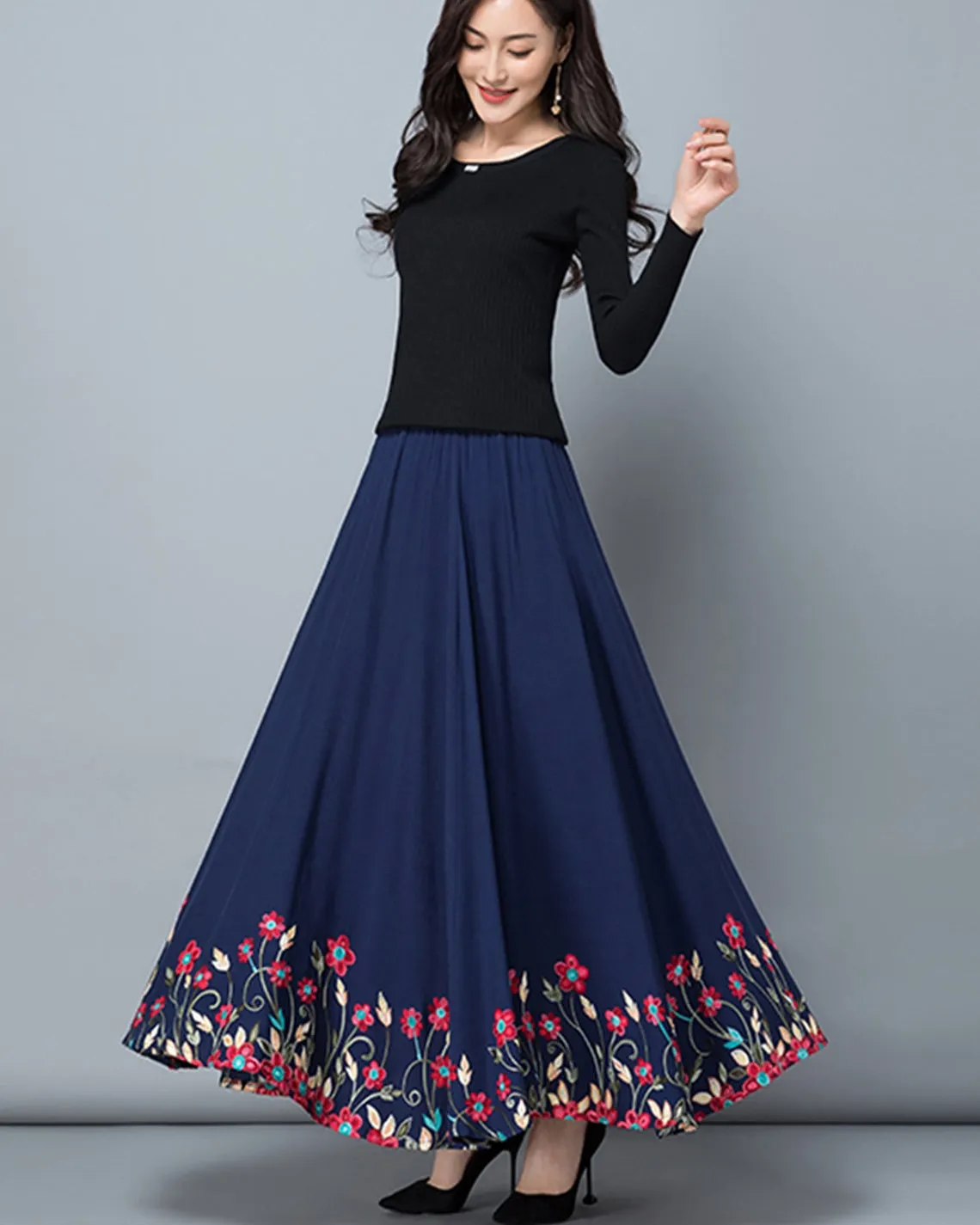 Women's embroidered skirt, elastic waist skirt, maxi skirt, flare skirt, cotton skirt, high waist skirt, long skirt, A-line skirt Q0056