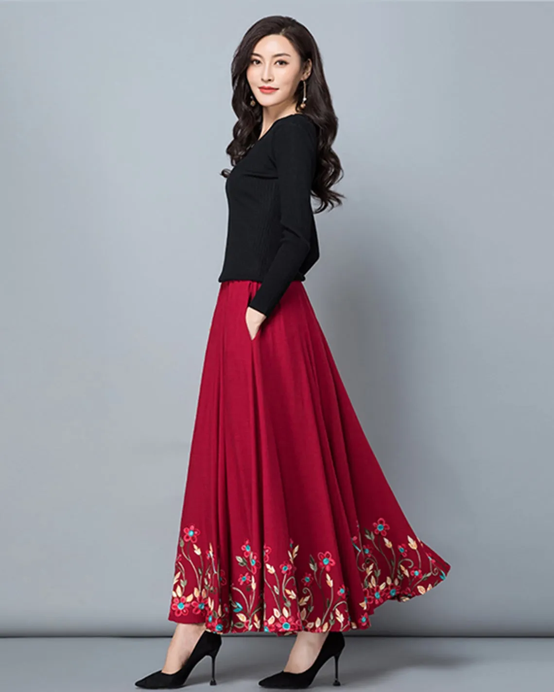 Women's embroidered skirt, elastic waist skirt, maxi skirt, flare skirt, cotton skirt, high waist skirt, long skirt, A-line skirt Q0056