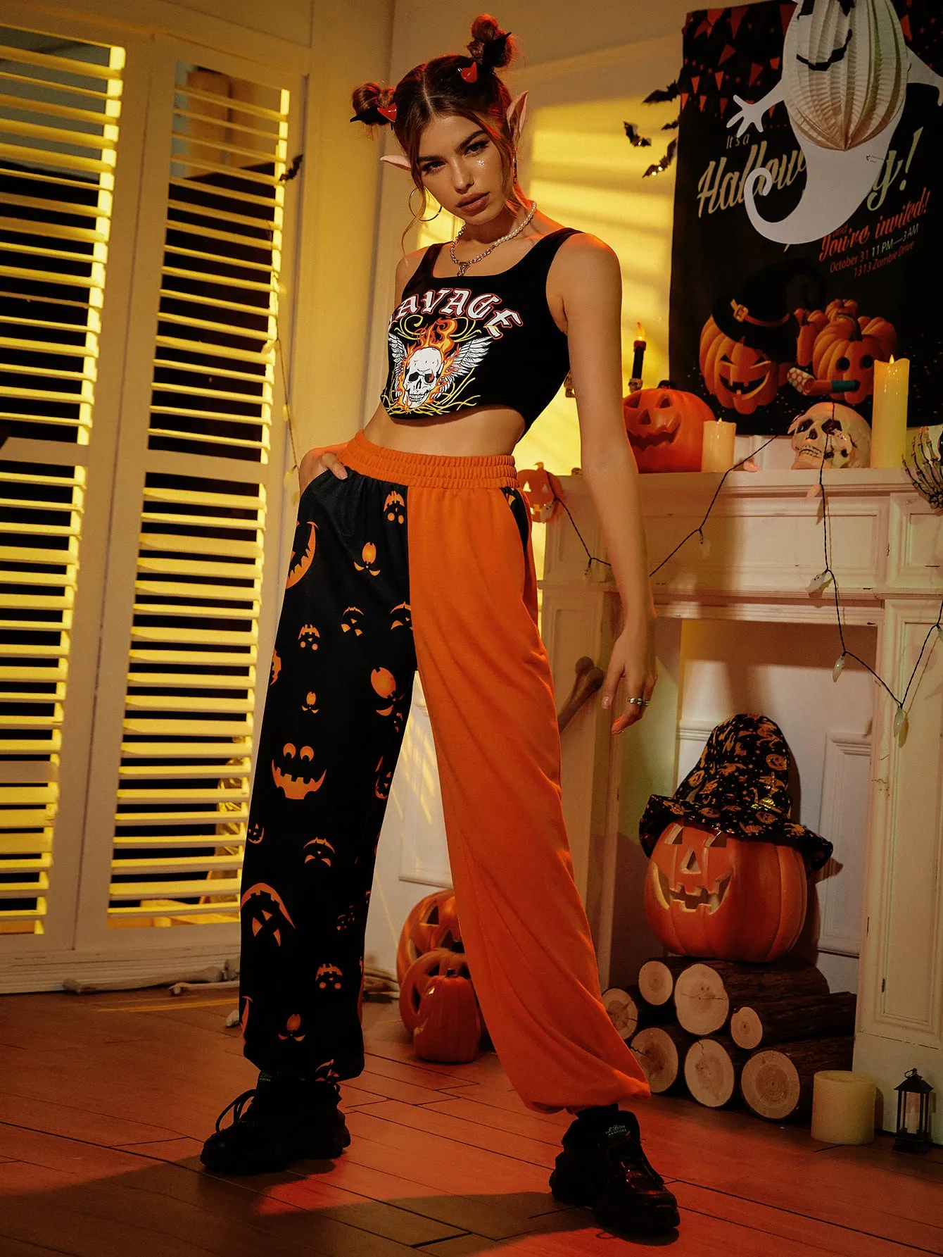 Women's Halloween Casual Patchwork Printed Skinny Pants