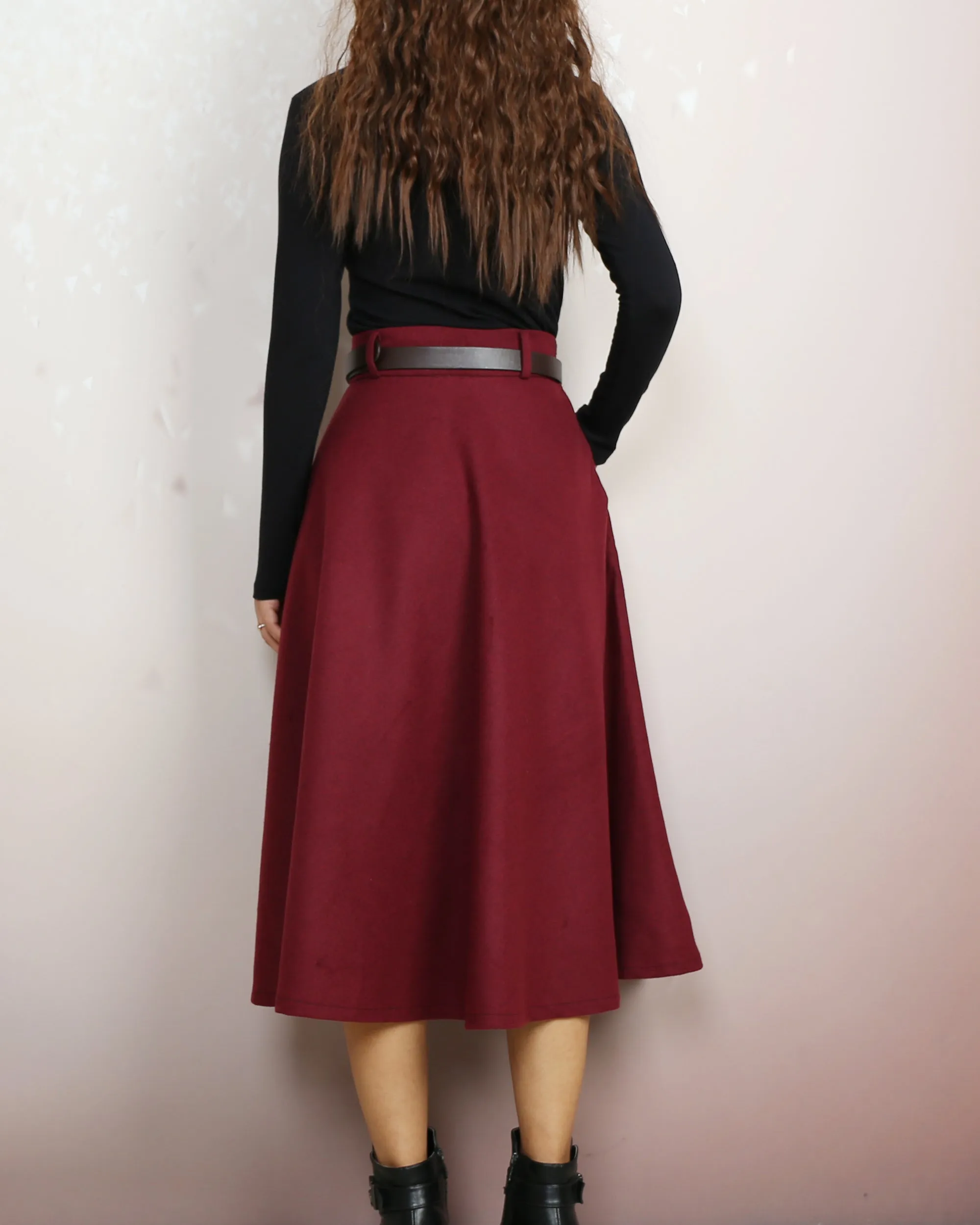 Wool skirt, Midi skirt, Winter skirt, Wool skirt with belt, custom made skirt, black skirt (Q2143)