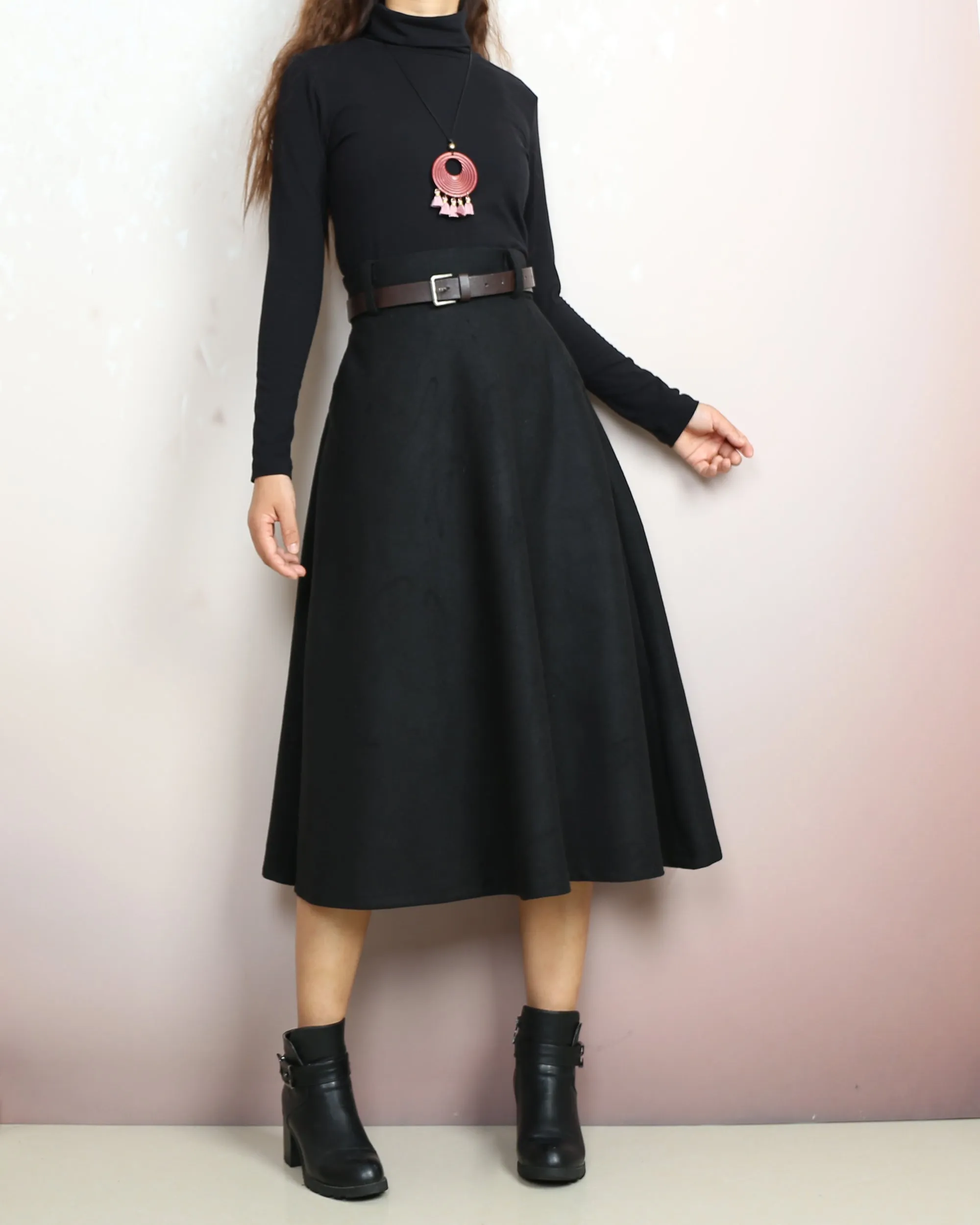 Wool skirt, Midi skirt, Winter skirt, Wool skirt with belt, custom made skirt, black skirt (Q2143)