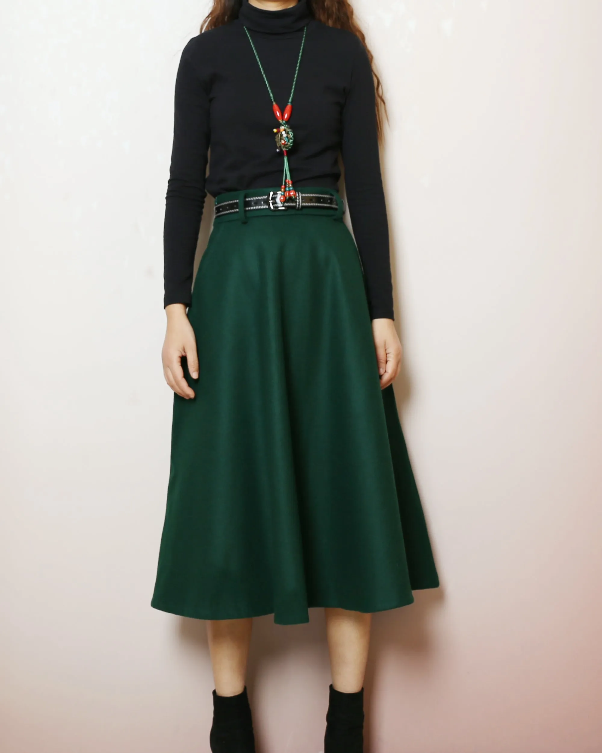 Wool skirt, Midi skirt, Winter skirt, Wool skirt with belt, custom made skirt, black skirt (Q2143)