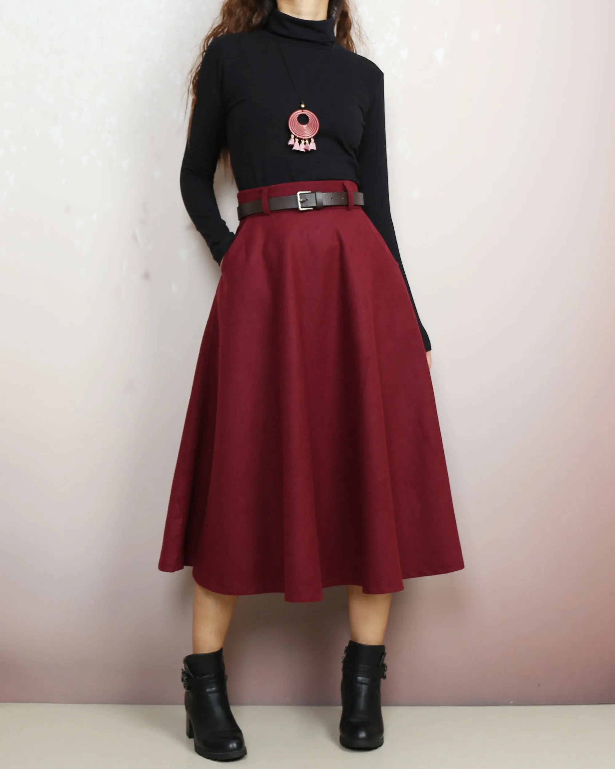 Wool skirt, Midi skirt, Winter skirt, Wool skirt with belt, custom made skirt, black skirt (Q2143)