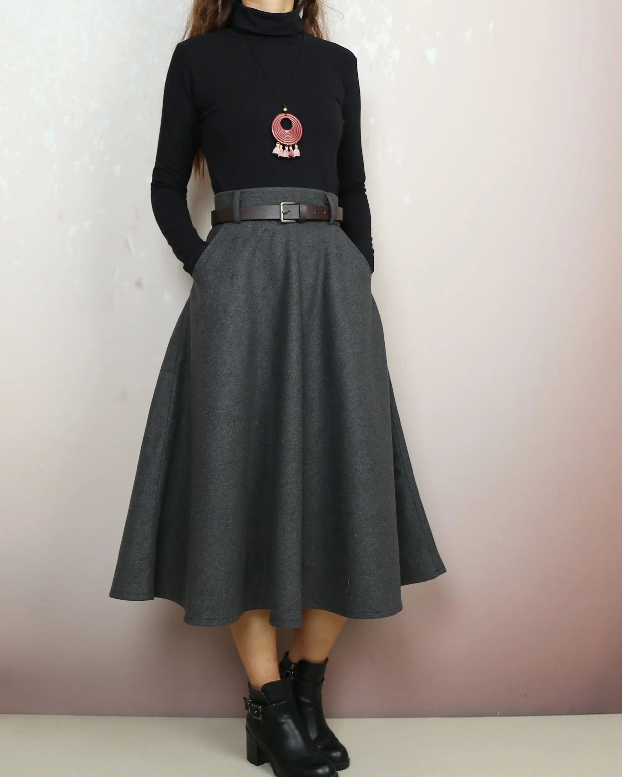 Wool skirt, Midi skirt, Winter skirt, Wool skirt with belt, custom made skirt, black skirt (Q2143)